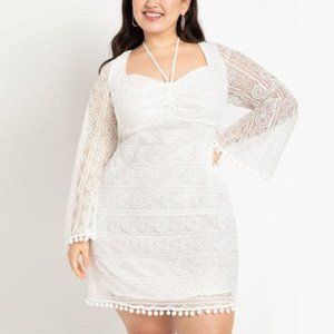 Eloquii Crochet Lace Sweetheart Babydoll Dress with Pom Poms
